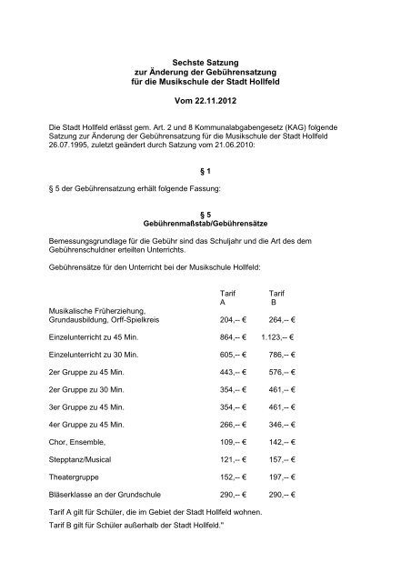 Sechste Satzung der GebÃ¼hrensatzung Musikschule - Hollfeld