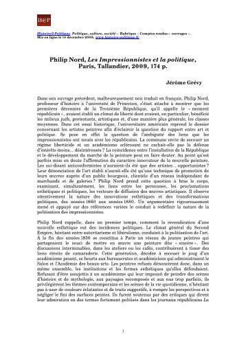 Philip Nord, Les Impressionnistes et la politique, Paris, Tallandier ...