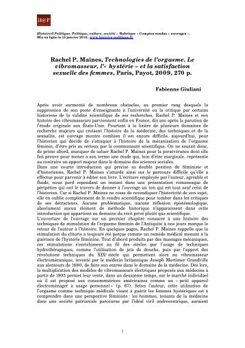 Rachel P. Maines, Technologies de l'orgasme. Le vibromasseur, l ...