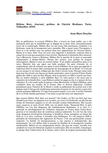 Hlne Berr, Journal, prface de Patrick Modiano, Paris, Tallandier, 2008