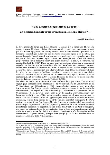Les élections législatives de 1958 HistoirePolitique