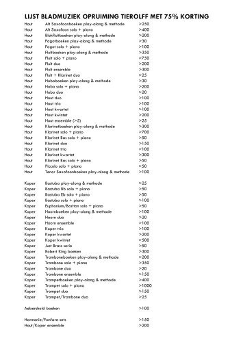 LIJST BLADMUZIEK OPRUIMING TIEROLFF MET 75% KORTING