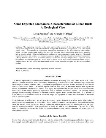 Some Expected Mechanical Characteristics of Lunar Dust: A ... - NASA