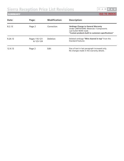 Sierra XP Reception Price List - DARRAN Furniture Industries