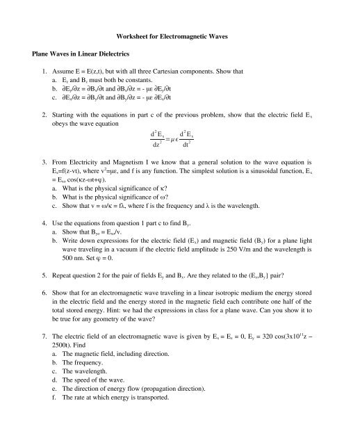 Worksheet For Electromagnetic Waves Plane Waves In Physics