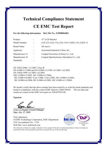 Technical Compliance Statement CE EMC Test ... - CENTRALSEG