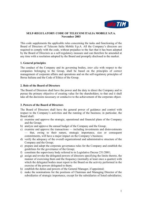 1 SELF-REGULATORY CODE OF TELECOM ITALIA MOBILE S.P.A. ...