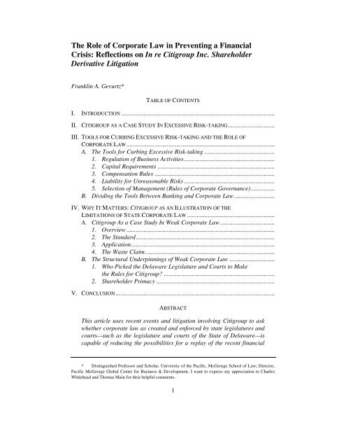 The Role of Corporate Law in Preventing a Financial Crisis ...