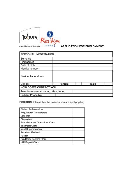 Application For Employment Personal Rea Vaya