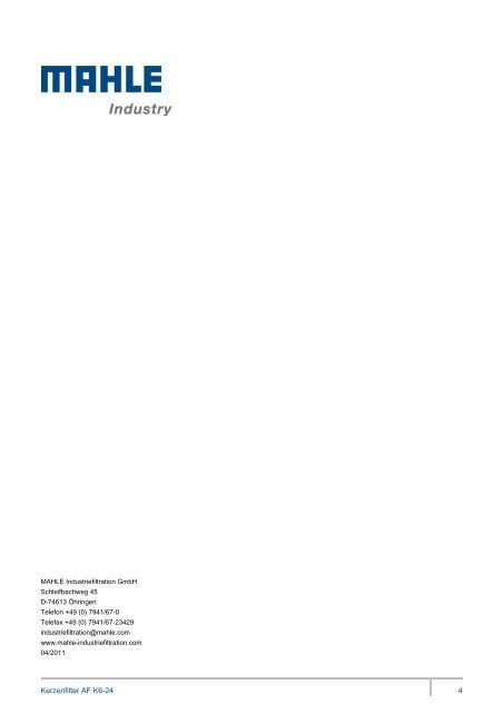 Kerzenfilter AFK 6-24 - MAHLE Industry - Filtration