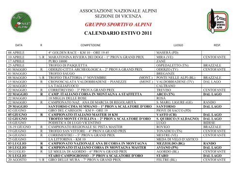 gruppo sportivo alpini calendario estivo 2011 - Sezione Vicenza