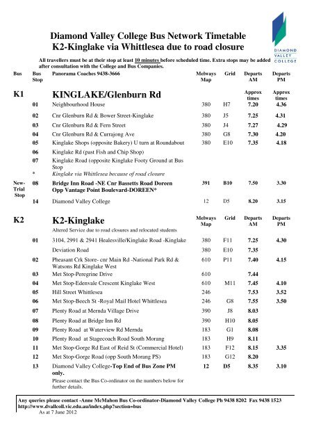 Diamond Valley College Bus Network Timetable I