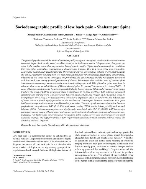 Sociodemographic profile of low back pain - Shaharnpur Spine