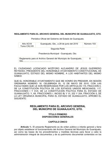 Reglamento para el Archivo General del Municipio de Guanajuato ...