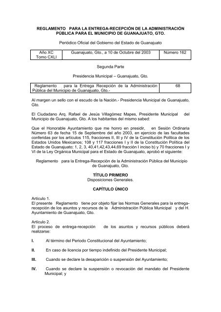 REGLAMENTO PARA LA ENTREGA-RECEPCIÃN DE ... - Guanajuato