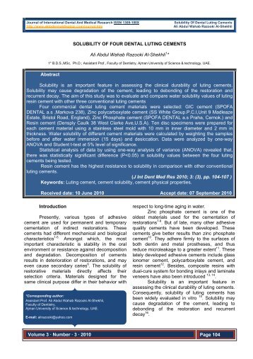 SOLUBILITY OF FOUR DENTAL LUTING CEMENTS