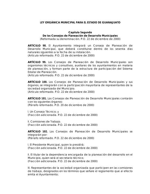 Ley Organica Municipal para el Estado de Guanajuato.