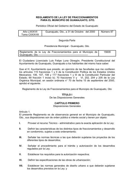 REGLAMENTO DE LA LEY DE FRACCIONAMIENTOS ... - Guanajuato