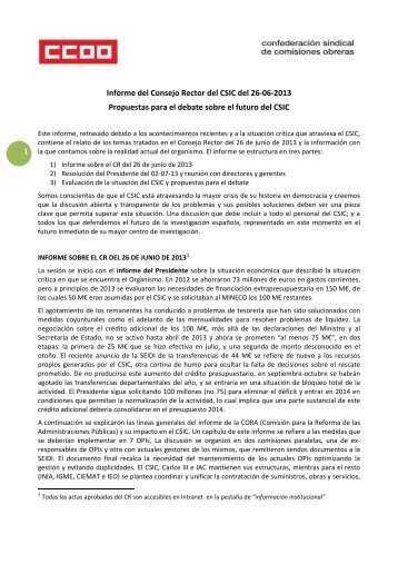 Informe de CC.OO. sobre el Consejo Rector y ... - sac.csic.es