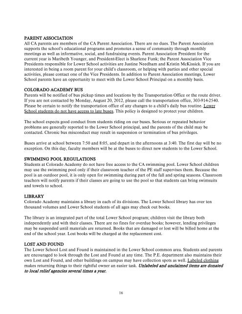 Lower School Handbook - Colorado Academy