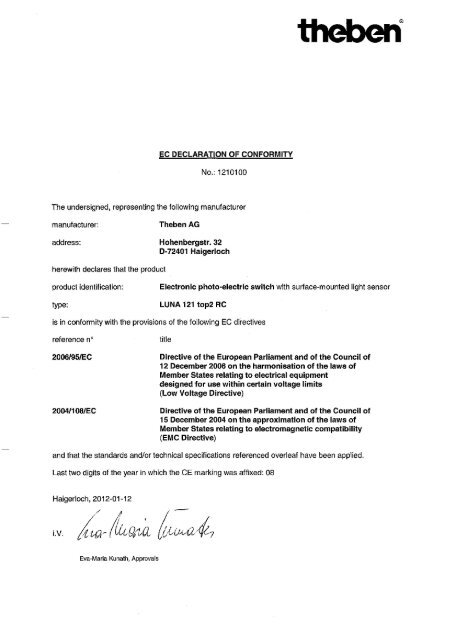 EC DECLARATION OF CONFORMITY N0.: '1210100 The ...