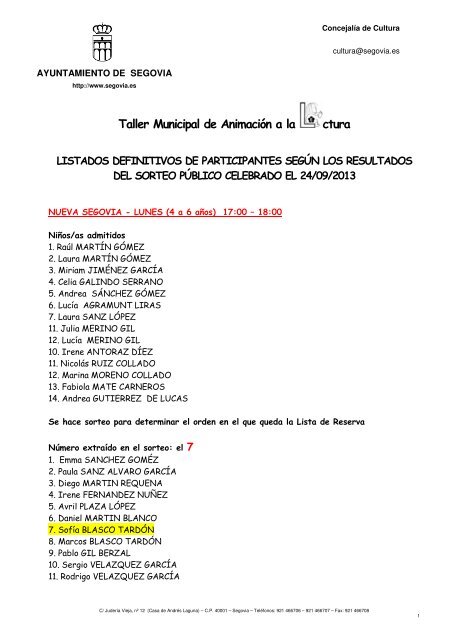 Listado definitivo de participantes tras el sorteo - Segovia Cultura ...