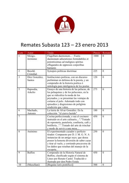 Remates Subasta 123 â€“ 23 enero 2013 - El Remate