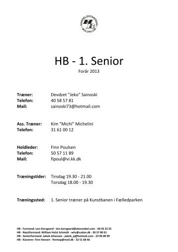 HB Senior, Kontaktpersoner 2013 - Handelsstandens Boldklub