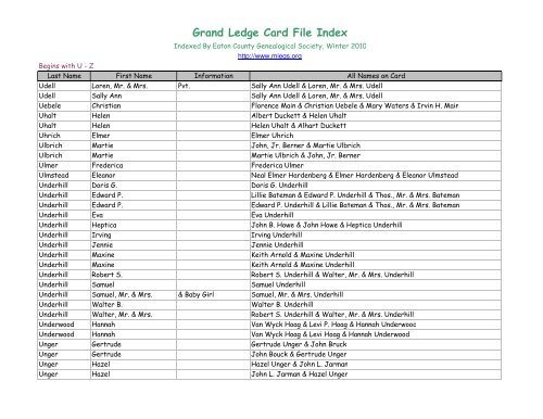 Grand Ledge Card File Index - Eaton County Genealogical Society