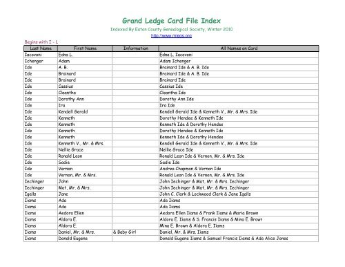 Grand Ledge Card File Index - Eaton County Genealogical Society