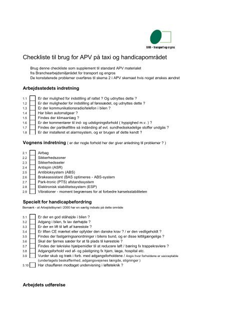 Checkliste til brug for APV pÃ¥ taxi og handicapomrÃ¥det
