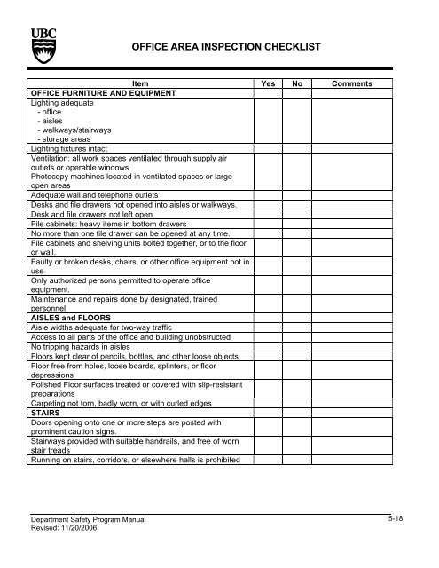 Office Area Inspection Checklist Pathology And