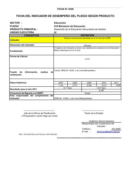 ficha del indicador de desempeÃ±o del pliego segÃºn ... - Ugel 02