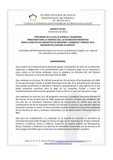 Decreto Numero 002 Usiacuri calendario del contribuyente 2008