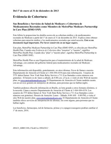 Evidencia de Cobertura - MetroPlus Health Plan