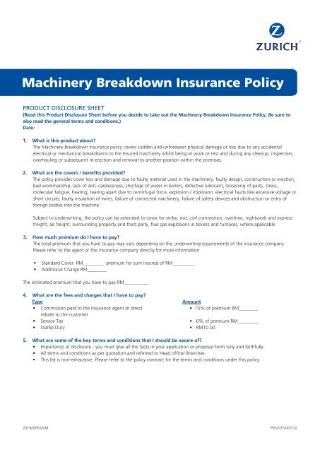 AWZUIN045 - PDS -Machinery Breakdown Insurance Policy - Zurich