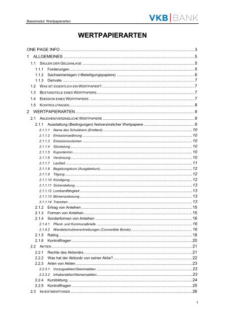 Wertpapierarten Vkb Bank