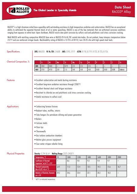 RA333® Data Sheet - Rolled Alloys