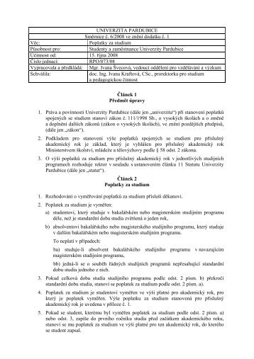 Poplatky za studium - Dokumenty - Univerzita Pardubice
