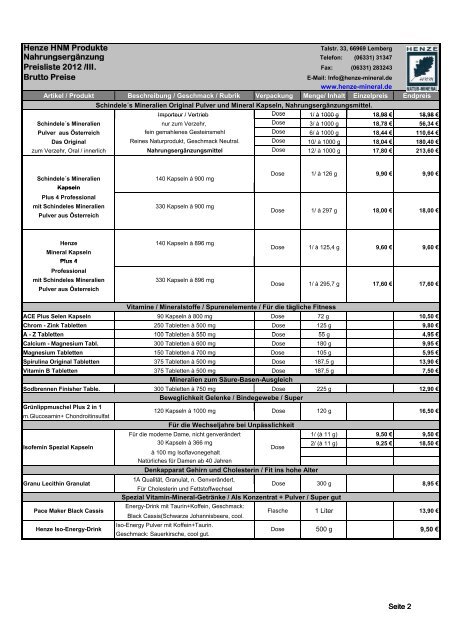 Preisliste alle Produkte - Henze Natur-Mineral