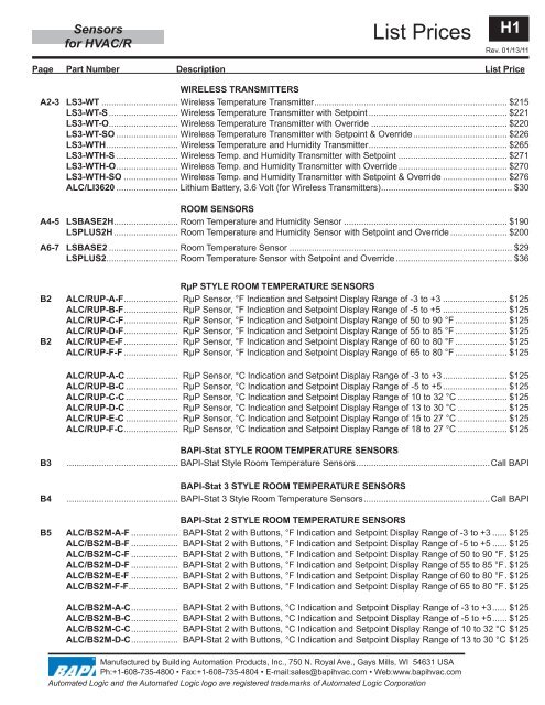 List Prices - BAPI