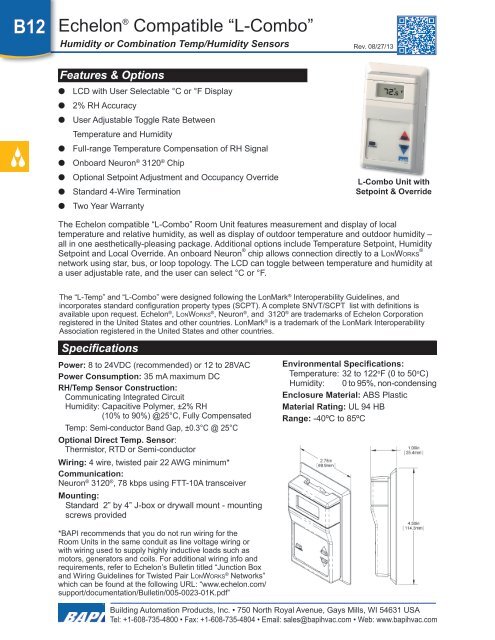 BAPI-Stat 4 X-Combo - Room Temperature and Humidity Sensor - BAPI
