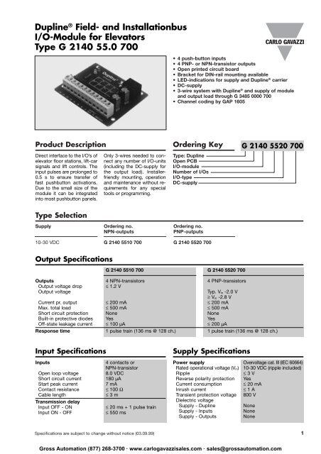 I/O-Module for Elevators DuplineÂ® Field- and ... - Carlo Gavazzi
