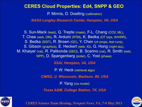 CERES Clouds Working Group Report - NASA