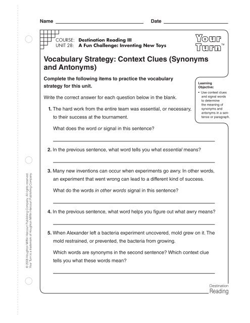 Vocabulary Strategy: Context Clues (Synonyms And Antonyms)
