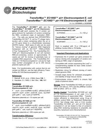 Protocol for TransforMax™ EC100D™ pir+ Electrocompetent E. coli ...