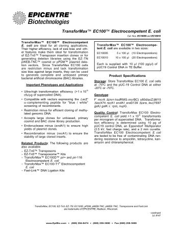 Protocol for TransforMax™ EC100™ Electrocompetent E. coli