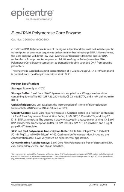 Protocol for E. coli RNA Polymerase Core Enzyme