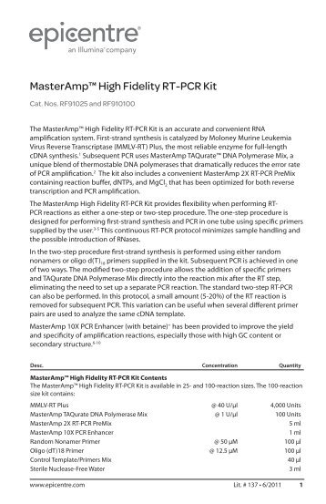 Protocol for MasterAmpâ¢ High Fidelity RT-PCR Kit