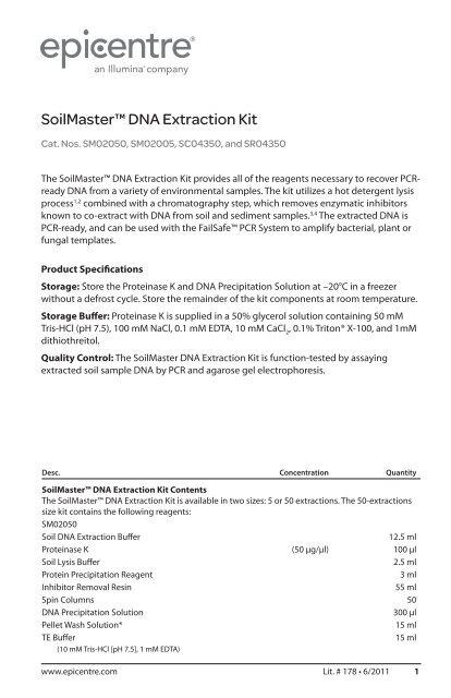 Protocol for SoilMasterâ¢ DNA Extraction Kit